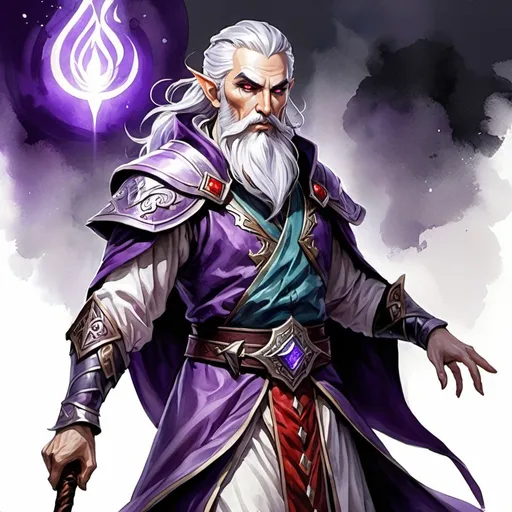 Prompt: Detailed DnD fantasy art of a heroic male dnd elven pureblood cleric lich, watercolor, full body,  white in grey hair, long white beard, zombie like, red eyes, grey skin, wrinkled face, purple clothes, dramatic lighting, vibrant colors, high quality, game-rpg style, epic fantasy, traditional art, dramatic lighting, heroic cleric, high quality details, wooden twisted staff, purple clothes