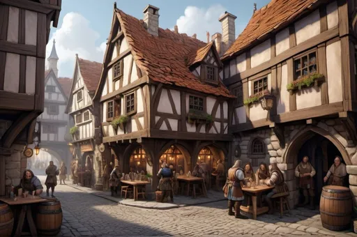 Prompt: Medieval DnD fantasy tavern seen from street, surronded by other buildings, detailed architecture and cobblestone street, lively townsfolk, detailed people walking in street, merchant, mystical fantasy lighting, hight quality details, detailed medieval architecture, lively townsfolk in period clothing, mystical lighting, fantasy city