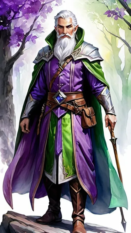 Prompt: Detailed DnD fantasy art of a heroic male dnd elven pureblood cleric, watercolor, full body,  white in grey hair, long white beard, green eyes, wrinkled face, purple clothes, dramatic lighting, vibrant colors, high quality, game-rpg style, epic fantasy, traditional art, dramatic lighting, heroic cleric, high quality details, wooden twisted staff, purple clothes, wrinkled face, wodden staff without metal pieces