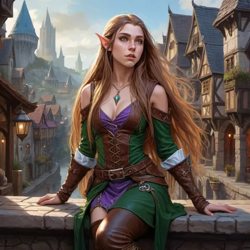 Prompt: DnD fantasy art, teenage female half elf sorceress, hazel long hair, long detailed leather boots, tipping over, surprised face, detailed DnD city landscape with light ambiance, vibrant color, detailed