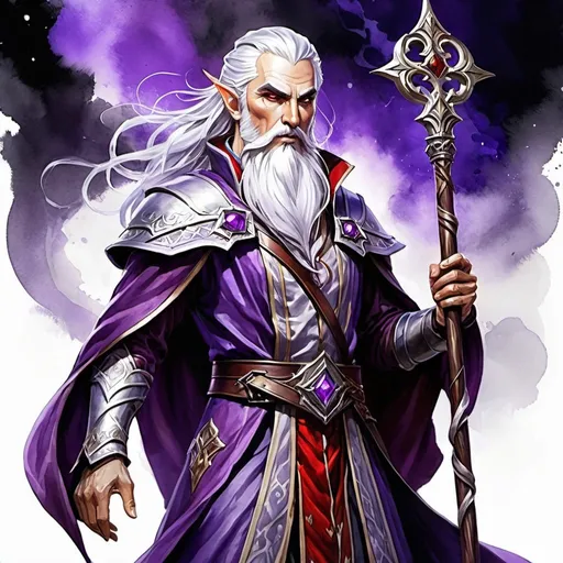 Prompt: Detailed DnD fantasy art of a heroic male dnd elven pureblood cleric lich, watercolor, full body,  white in grey hair, long white beard, zombie like, red eyes, wrinkled face, purple clothes, dramatic lighting, vibrant colors, high quality, game-rpg style, epic fantasy, traditional art, dramatic lighting, heroic cleric, high quality details, wooden twisted staff, purple clothes