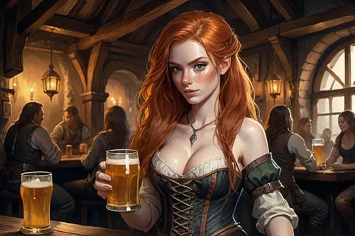 Prompt: watercolor, A Huge very detailed DnD fantasy tavern with a murky ambiente, atmospheric lighting, highres, fantasy, detailed architecture, immersive, murky tones, medieval, mysterious, foggy, gloomy moody atmosphere, variant habitans in the tavern background, needs only 10% of the picture, Detailed DnD fantasy art of a pretty female dnd barmaid, slim upper body, long ginger ondulating hair, light on hair, freckles, serving big glass of beer, traditional detailed painting, detailed intricate dark corset, dramatic lighting, vibrant colors, high quality, game-rpg style, epic high fantasy, traditional art, dramatic dark lighting, fascinating, dark gloomy vibrant colors, high quality details