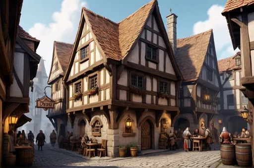 Prompt: Medieval DnD fantasy tavern seen from street, surronded by other buildings, detailed architecture and cobblestone street, lively townsfolk, detailed people walking in street, merchant, mystical fantasy lighting, hight quality details, detailed medieval architecture, lively townsfolk in period clothing, mystical lighting, fantasy city