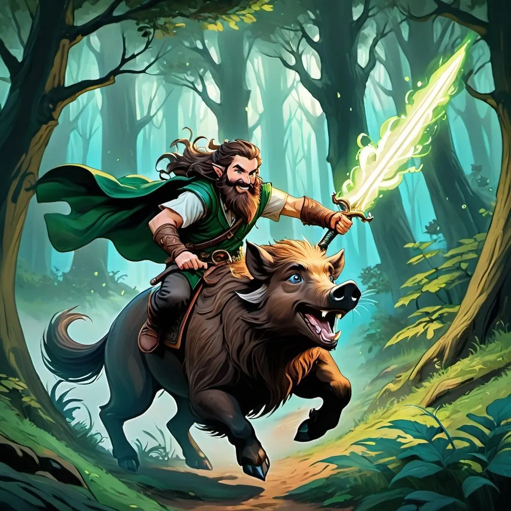 Prompt: ink painting, D&D fantasy, top down view, halfling male druid, fighting wild monster, long brown hair, long brown beard ondulating, blue eyes, laughing out and loud, brown wild boar, riding a brown wild boar, leather armor, holding dark green magic sword, using dark green magic, masterpiece, murky forest background in a DnD fantasy landscape with detailed plants and trees, atmospheric lighting, highres, medieval mysterious, murky tones, dark green magic explosion in background