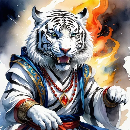 Prompt: watercolor, fantasy art, white tiger headed sorcerer, full body, aggressive face, fighting in battle, hood, dragon head necklace, vibrant color, dramatic lighting, hight quality details, traditional art