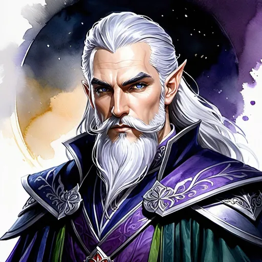 Prompt: Detailed DnD fantasy art of a heroic male dnd elven pureblood cleric, watercolor,  white in grey hair, long white beard, intricate black in Darkblue black gown detailed black belts, purple clothes, dramatic lighting, vibrant colors, high quality, game-rpg style, epic fantasy, traditional art, dramatic lighting, heroic cleric, vibrant colors, high quality details, green eyes