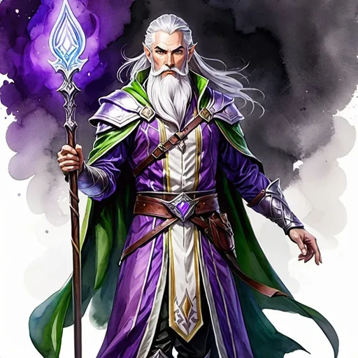 Prompt: Detailed DnD fantasy art of a heroic male dnd elven pureblood cleric, watercolor, full body,  white in grey hair, long white beard, green eyes, wrinkled face, purple clothes, dramatic lighting, vibrant colors, high quality, game-rpg style, epic fantasy, traditional art, dramatic lighting, heroic cleric, high quality details, wooden twisted staff, purple clothes