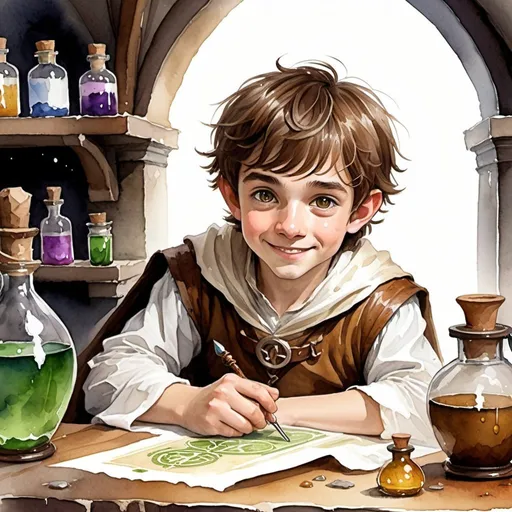 Prompt: watercolor, dungeons and dragons, fantasy art, Halfling male, scars on face, joyfull smile, alchemist, brown hair,  hazel eyes, white cape, workshop with magic potion, potion and bottles, no magic effect
