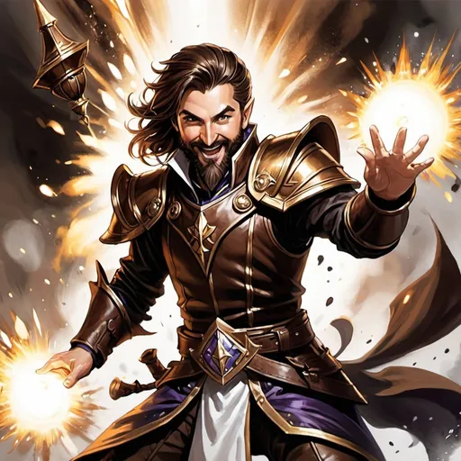 Prompt: ink painting, D&D fantasy, top down view, halfling male priest, fighting dark magician, long brown hair, medium brown beard, chessnuts eyes, laughing, stand up, leather armor, white magic effect coming from hands, using white magic, masterpiece, explosion in background