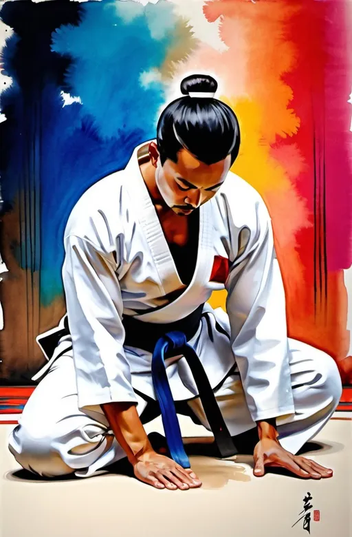 Prompt: martial artist wearing a white kimono and a white belt, doing a japanese bowing, ink painting, vibrant colors