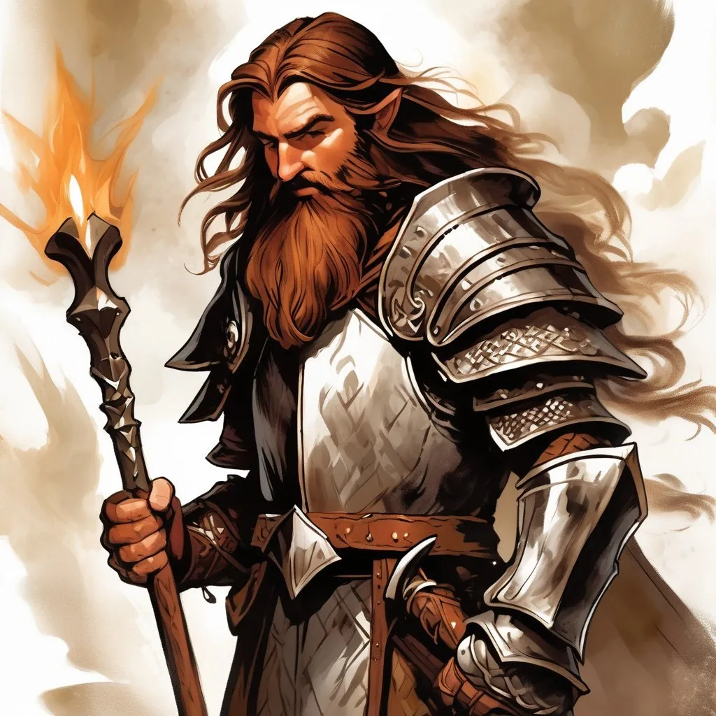 Prompt: ink painting, D&D fantasy, halfling priest, long brown hair, medium brown beard, chessnuts eyes, stand up, studded leather armor, mace of arms, white magic effect coming from hands