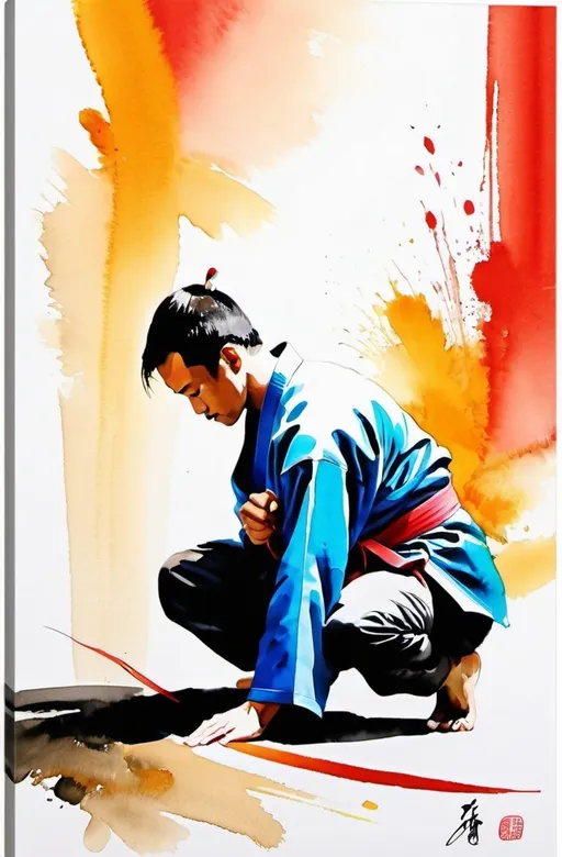 Prompt: martial artist bowing, ink painting, vibrant colors