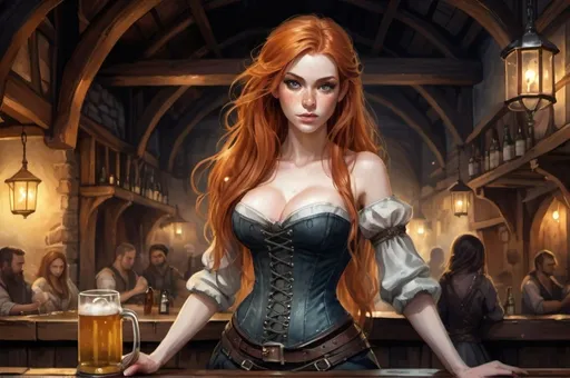 Prompt: watercolor, A Huge very detailed DnD fantasy tavern with a murky ambiente, atmospheric lighting, highres, fantasy, detailed architecture, immersive, murky tones, medieval, mysterious, foggy, gloomy moody atmosphere, variant habitans in the tavern background, needs only 10% of the picture, Detailed DnD fantasy art of a pretty female dnd barmaid, slim upper body, long ginger ondulating hair, light on hair, freckles, serving big glass of beer, traditional detailed painting, corset, dramatic lighting, vibrant colors, high quality, game-rpg style, epic high fantasy, traditional art, dramatic dark lighting, fascinating, dark gloomy vibrant colors, high quality details