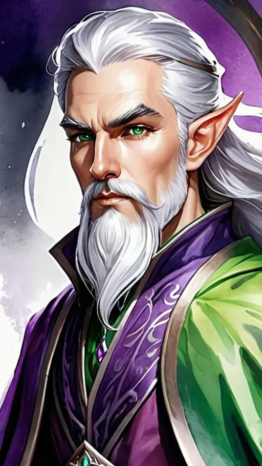 Prompt: Detailed DnD fantasy art of a heroic male dnd elven pureblood cleric, watercolor, full body,  white in grey hair, long white beard, green eyes, wrinkled face, purple clothes, dramatic lighting, vibrant colors, high quality, game-rpg style, epic fantasy, traditional art, dramatic lighting, heroic cleric, high quality details