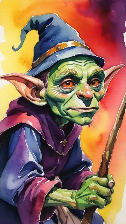 Prompt: Watercolor, Silvin the goblin sorcerer, vibrant color, dramatic lighting