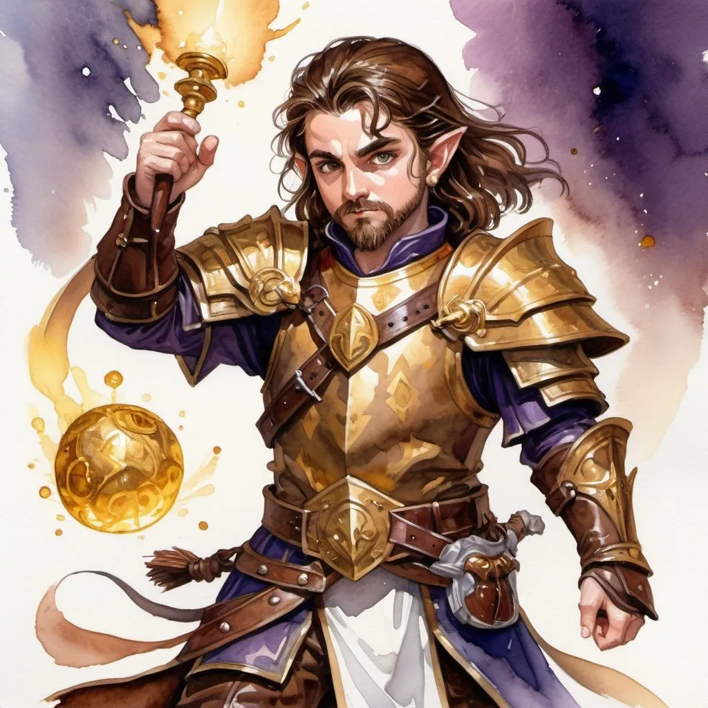 Prompt: watercolor, D&D fantasy, halfling male priest, fighting dark magician, long brown hair, medium brown beard, chessnuts eyes, stand up, studded leather armor, golden nugget necklace, mace of arms, white magic effect coming from hands