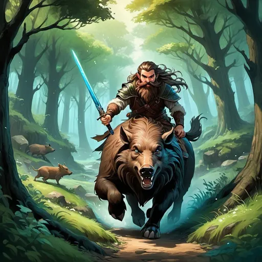 Prompt: ink painting, D&D fantasy, top down view, halfling male druid, fighting wild monster, long brown hair, long brown beard ondulating, blue eyes, laughing out and loud, riding a brown wild boar, leather armor, holding dark green magic sword, using dark green magic, masterpiece, murky forest background in a DnD fantasy landscape with detailed plants and trees, atmospheric lighting, highres, medieval mysterious, murky tones, dark green magicexplosion in background