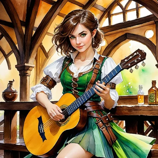 Prompt: watercolor, dungeons and dragons, fantasy art, Halfling female, bard, brown hair,  green eyes, guitar, ranger belt full with daggers, ondulating skirt, tavern background, vibrant colors