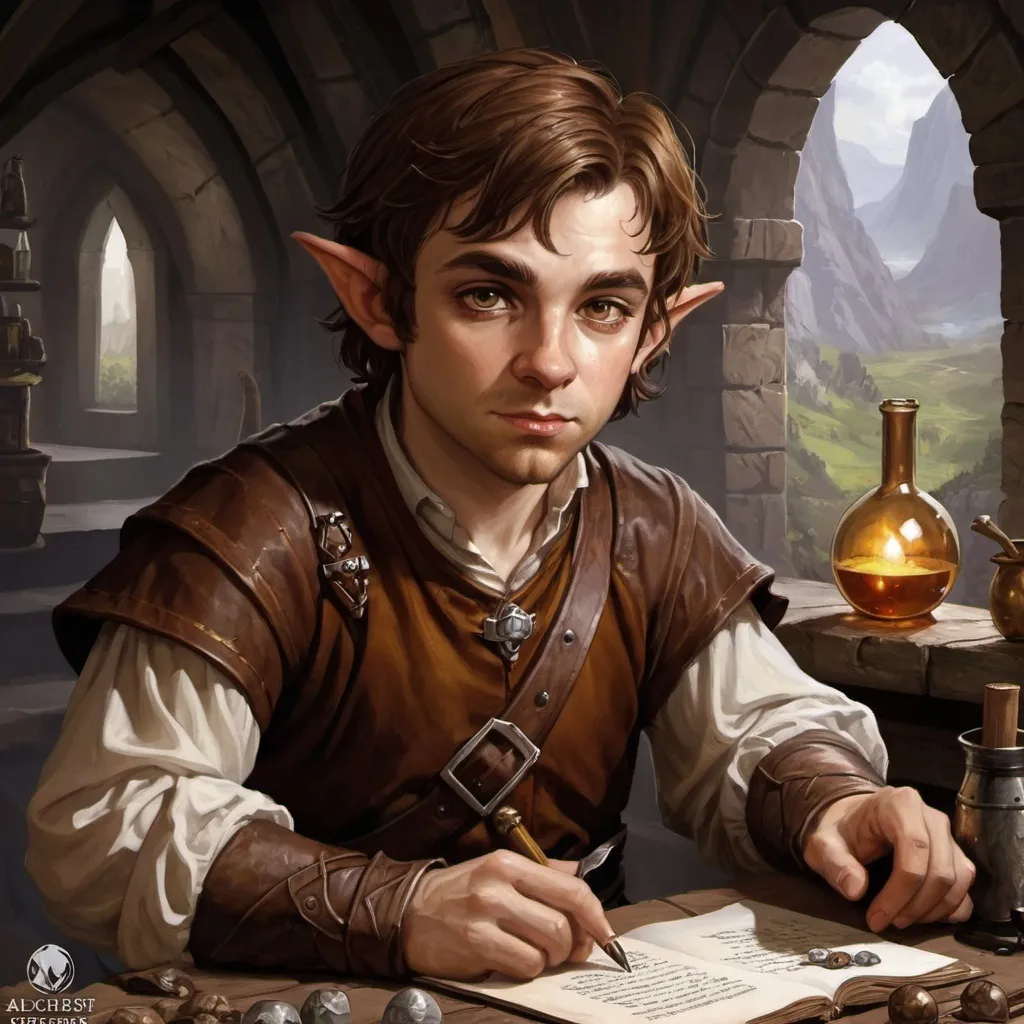 Prompt: dungeons and dragons, fantasy art, Halfling male, alchemist, brown hair,  hazel eyes, workshop