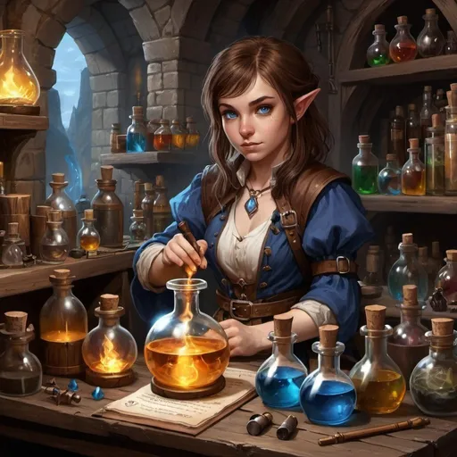 Prompt: dungeons and dragons, fantasy art, Halfling female, alchemist, brown hair,  blue eyes, workshop with magic potion, alchemy workshop, potion and bottles, alchemy instruments, no magic effect
