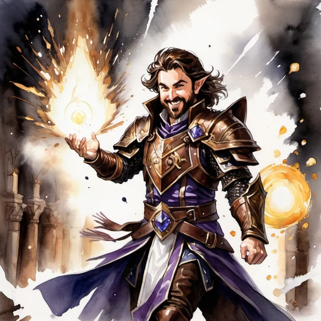 Prompt: ink painting, watercolor, D&D fantasy, halfling male priest, fighting dark magician, long brown hair, medium brown beard, chessnuts eyes, laughing, stand up, leather armor, big warhammer in a hand, white magic effect coming from hands, using white magic, masterpiece, explosion in background