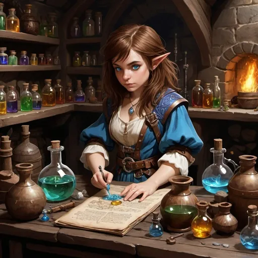 Prompt: dungeons and dragons, fantasy art, Halfling female, alchemist, brown hair,  blue eyes, workshop with magic potion, alchemy workshop, potion and bottles, alchemy instruments, no magic effect