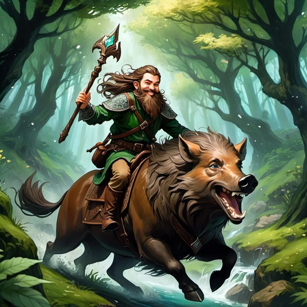 Prompt: ink painting, D&D fantasy, top down view, halfling male druid, long brown hair, long brown beard ondulating, blue eyes, laughing out and loud, riding a brown wild boar, leather armor, dark green magic effect coming from hands, using dark green magic, masterpiece, murky forest background in a DnD fantasy landscape with detailed plants and trees, atmospheric lighting, highres, medieval mysterious, murky tones, dark green magicexplosion in background
