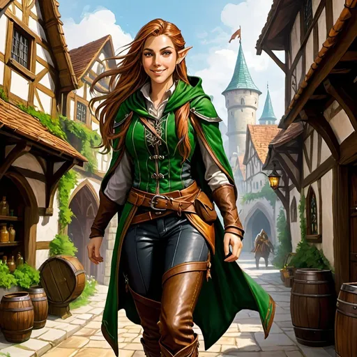 Prompt: DnD fantasy art, half body, teenage female half elf sorceress, half elf, sorceress, wizzard, shyly smiling, wizzard, magic, hazel long hair, light on hair, pointy ears, long detailed leather boots, detailed adventurer outfit, visible leather trousers , clothes with lot of pockets, back pack, detailed green hood, huge medieval backpack, running, watercolor background, detailed DnD city landscape with daylight ambiance, taverns and workshops visible in background, merchants in background, vibrant color, high quality, epic fantasy, traditional art, high quality details