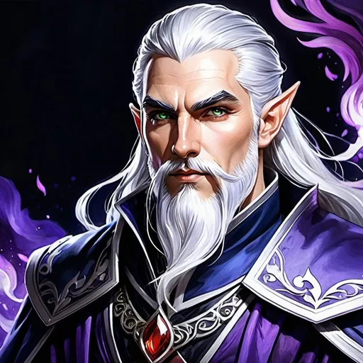 Prompt: Detailed DnD fantasy art of a heroic male dnd elven pureblood cleric, watercolor,  white in grey hair, long white beard, intricate black in Darkblue black gown detailed black belts, purple clothes, dramatic lighting, vibrant colors, high quality, game-rpg style, epic fantasy, traditional art, dramatic lighting, heroic cleric, vibrant colors, high quality details, green eyes