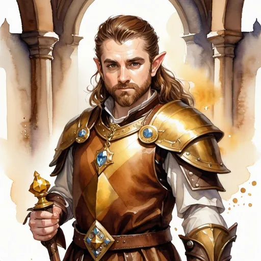 Prompt: watercolor, D&D fantasy, halfling male priest, long brown hair, medium brown beard, chessnuts eyes, stand up, studded leather armor, golden nugget necklace, mace of arms, white magic effect coming from hands