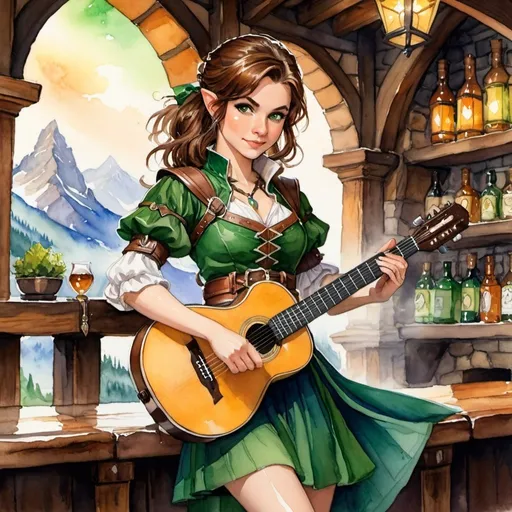 Prompt: watercolor, dungeons and dragons, fantasy art, Halfling female, bard, brown hair,  green eyes, pointy ears, guitar, ranger belt full with daggers, ondulating skirt, tavern background, vibrant colors