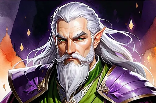 Prompt: Detailed DnD fantasy art of a heroic male dnd elven pureblood cleric, watercolor,  white in grey hair, long white beard, green eyes, wrinkled face, purple clothes, dramatic lighting, vibrant colors, high quality, game-rpg style, epic fantasy, traditional art, dramatic lighting, heroic cleric, high quality details