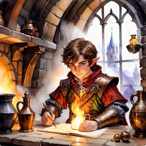 Prompt: watercolor, dungeons and dragons, fantasy art, Halfling male, alchemist, brown hair,  hazel eyes, burn scars, ironsmith mask, workshop with magic potion, no magic effect