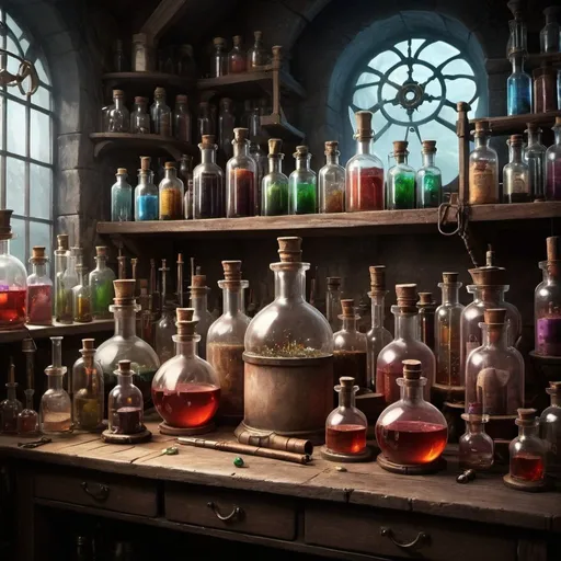 Prompt: Fantasy laboratory, potion, bottles, laboratory instruments
