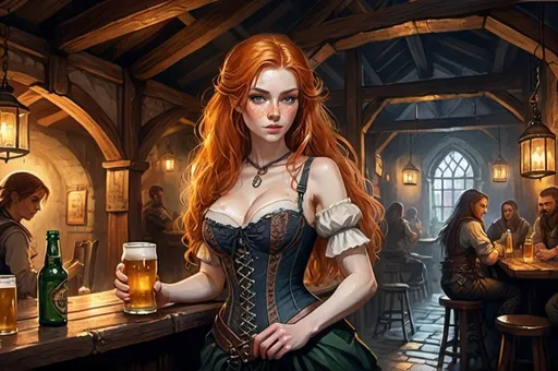 Prompt: watercolor, A Huge very detailed DnD fantasy tavern with a murky ambiente, atmospheric lighting, highres, fantasy, detailed architecture, immersive, murky tones, medieval, mysterious, foggy, gloomy moody atmosphere, variant habitans in the tavern background, needs only 10% of the picture, Detailed DnD fantasy art of a pretty female dnd barmaid, slim upper body, long ginger ondulating hair, light on hair, freckles, serving big glass of beer, traditional detailed painting, detailed intricate dark corset, dramatic lighting, vibrant colors, high quality, game-rpg style, epic high fantasy, traditional art, dramatic dark lighting, fascinating, dark gloomy vibrant colors, high quality details