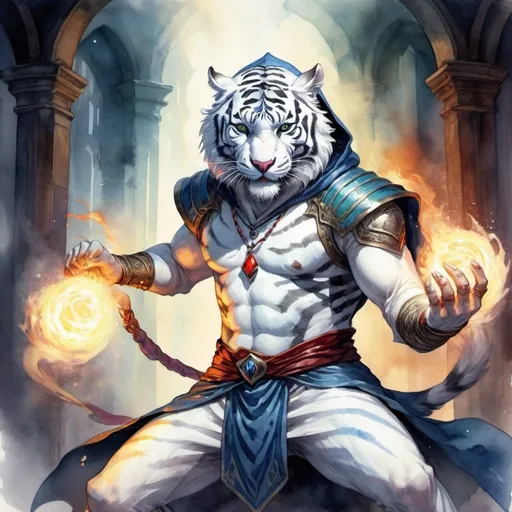 Prompt: watercolor, fantasy art, white tiger headed sorcerer, full body, aggressive face, fighting in battle, hood, dragon head necklace, magic library background, vibrant color, dramatic lighting