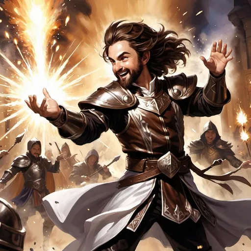 Prompt: ink painting, D&D fantasy, halfling male priest, fighting dark magician, long brown hair, medium brown beard, chessnuts eyes, laughing, stand up, leather armor, white magic effect coming from hands, using white magic, masterpiece, explosion in background, explosions