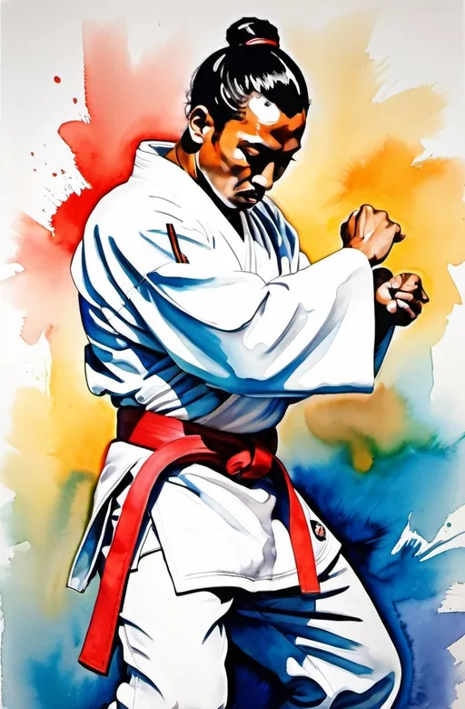 Prompt: martial artist wearing a white kimono and a white belt bowing straight, ink painting, vibrant colors