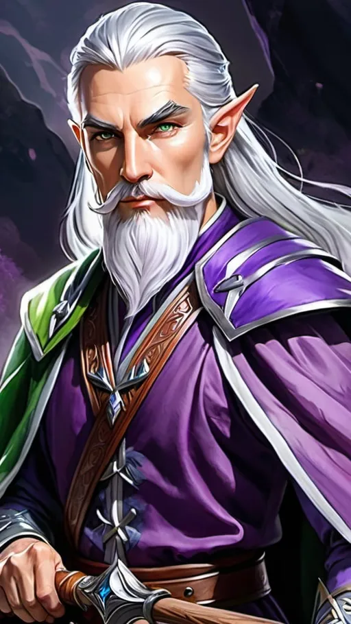 Prompt: Detailed DnD fantasy art of a heroic male dnd elven pureblood cleric, watercolor, full body,  white in grey hair, long white beard, green eyes, wrinkled face, purple clothes, dramatic lighting, vibrant colors, high quality, game-rpg style, epic fantasy, traditional art, dramatic lighting, heroic cleric, high quality details, wooden twisted staff, purple clothes, wrinkled face, wodden staff without metal pieces