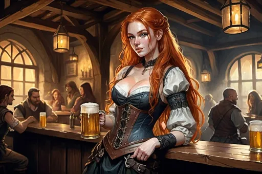 Prompt: watercolor, A Huge very detailed DnD fantasy tavern with a murky ambiente, atmospheric lighting, highres, fantasy, detailed architecture, immersive, murky tones, medieval, mysterious, foggy, gloomy moody atmosphere, variant habitans in the tavern background, needs only 10% of the picture, Detailed DnD fantasy art of a pretty female dnd barmaid, slim upper body, long ginger ondulating hair, light on hair, freckles, serving big glass of beer, traditional detailed painting, detailed intricate dark corset, dramatic lighting, vibrant colors, high quality, game-rpg style, epic high fantasy, traditional art, dramatic dark lighting, fascinating, dark gloomy vibrant colors, high quality details