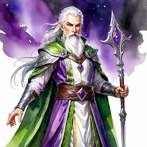 Prompt: Detailed DnD fantasy art of a heroic male dnd elven pureblood cleric, watercolor, full body,  white in grey hair, long white beard, green eyes, wrinkled face, purple clothes, dramatic lighting, vibrant colors, high quality, game-rpg style, epic fantasy, traditional art, dramatic lighting, heroic cleric, high quality details