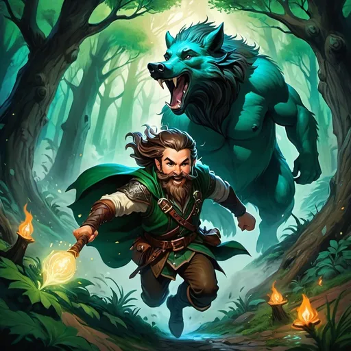 Prompt: ink painting, D&D fantasy, top down view, halfling male druid, fighting wild monster, long brown hair, long brown beard ondulating, blue eyes, laughing out and loud, riding a brown wild boar, leather armor, dark green magic effect coming from hands, using dark green magic, combat against wild monster, masterpiece, murky forest background in a DnD fantasy landscape with detailed plants and trees, atmospheric lighting, highres, medieval mysterious, murky tones, dark green magicexplosion in background