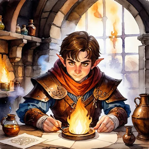 Prompt: watercolor, dungeons and dragons, fantasy art, Halfling male, alchemist, brown hair,  hazel eyes, burn scars, ironsmith mask, workshop with magic potion, no magic effect