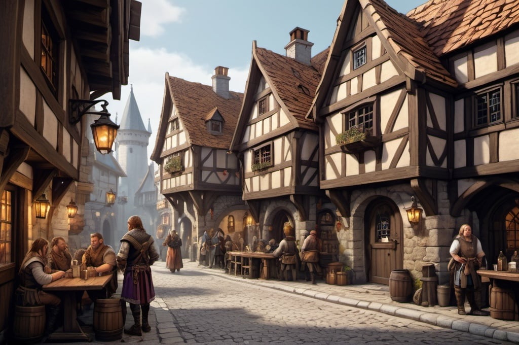 Prompt: Medieval DnD fantasy tavern seen from street, surronded by other buildings, detailed architecture and cobblestone street, lively townsfolk, detailed people walking in street, merchant, mystical fantasy lighting, hight quality details, detailed medieval architecture, lively townsfolk in period clothing, mystical lighting, fantasy city