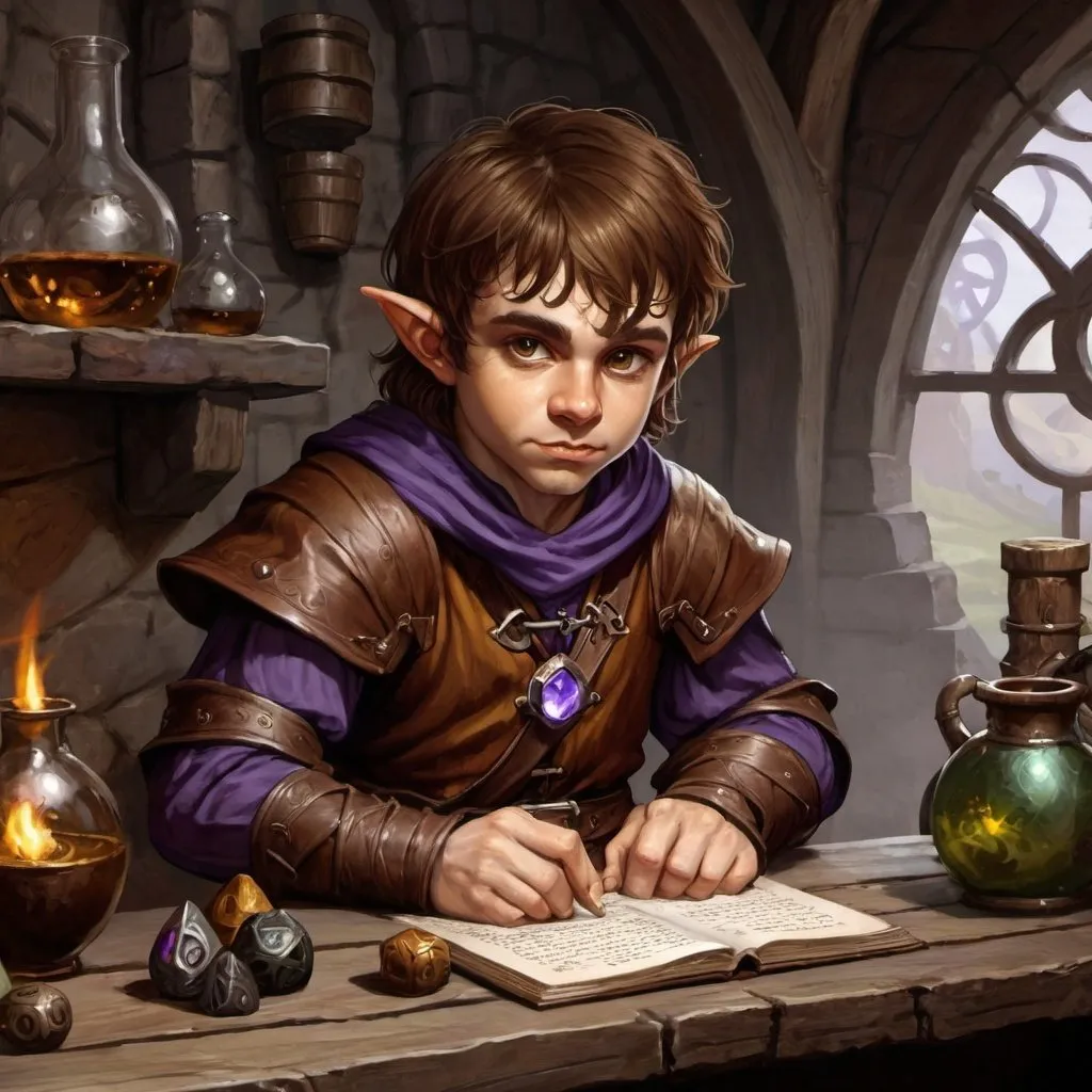 Prompt: dungeons and dragons, fantasy art, Halfling male, alchemist, brown hair,  hazel eyes, workshop