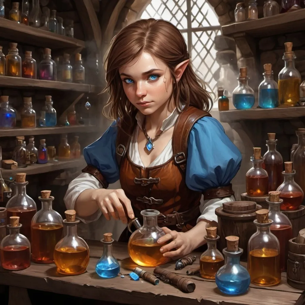 Prompt: dungeons and dragons, fantasy art, Halfling female, alchemist, brown hair,  blue eyes, workshop with magic potion, alchemy workshop, potion and bottles, alchemy instruments, no magic effect