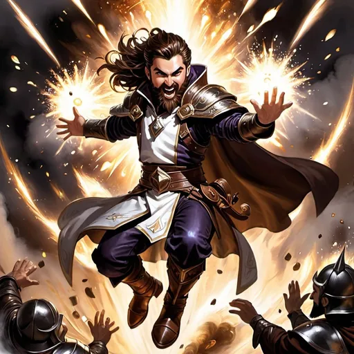 Prompt: ink painting, D&D fantasy, top down view, halfling male priest, fighting dark magician, long brown hair, medium brown beard, chessnuts eyes, laughing, stand up, leather armor, white magic effect coming from hands, using white magic, masterpiece, explosion in background, big explosion