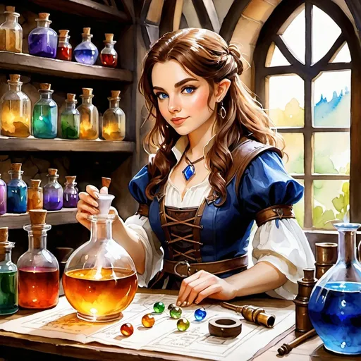Prompt: watercolor, dungeons and dragons, fantasy art, Halfling female, alchemist, brown hair,  blue eyes, workshop with magic potion, alchemy workshop, potion and bottles, alchemy instruments, no magic effect