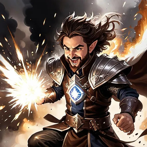 Prompt: ink painting, D&D fantasy, top down view, halfling male priest, fighting dark magician, long brown hair, medium brown beard, chessnuts eyes, laughing, stand up, leather armor, white magic effect coming from hands, using white magic, masterpiece, explosion in background, explosions