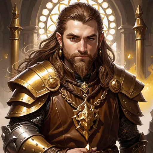 Prompt: ink painting, D&D fantasy, halfling male priest, long brown hair, medium brown beard, chessnuts eyes, stand up, studded leather armor, golden nugget necklace, mace of arms, white magic effect coming from hands
